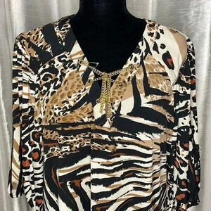 Slim Factor by Investments Women’s 1X Animal Print V Neck Short Sleeve Blouse